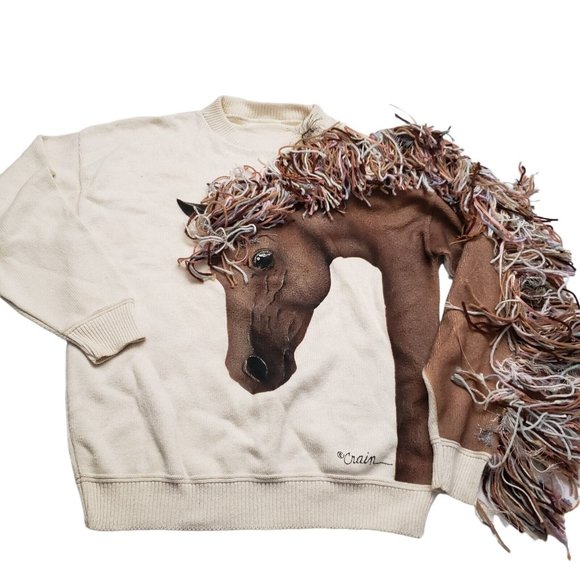 Vintage Rare Crain Hand Painted Horse Crew Neck OOAK Sweater Yarn Mane - Picture 1 of 8
